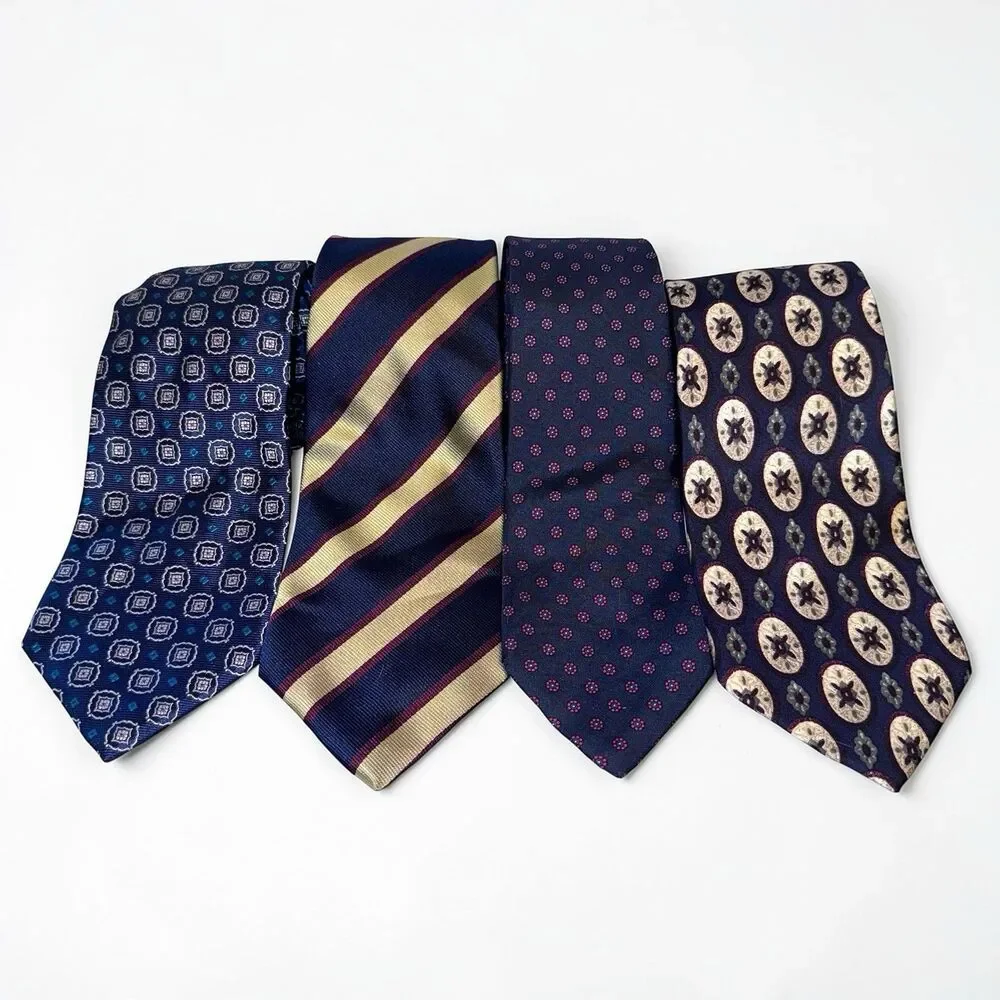 Lot 4 Vintage Lands End Silk Ties Navy Blue Striped Geometric Preppy Mens Bundle